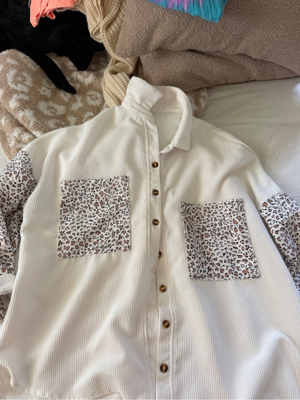 SHEIN Cream Button-Up Cardigan with Leopard Patch Pockets